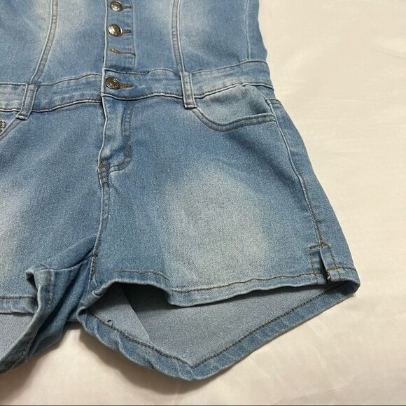 Y2K Denim Romper Jumpsuit Shorts Sleeveless Stretch Button Up Collared Size M - Picture 7 of 14